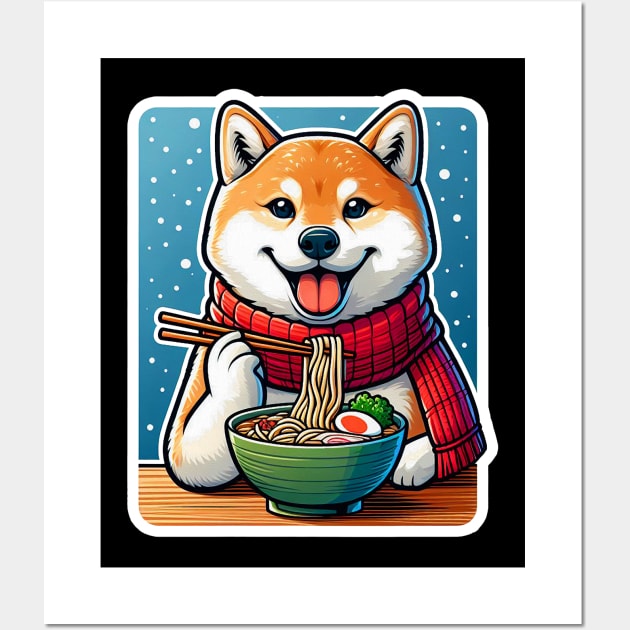 Shiba Inu Eating Ramen Snowing Wall Art by Plushism